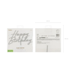 Topper Happy Birthday Srebrny brokatowy 18 cm duży