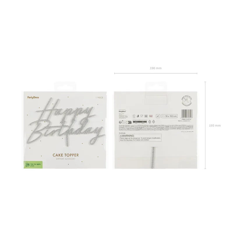 Topper Happy Birthday Srebrny brokatowy 18 cm duży