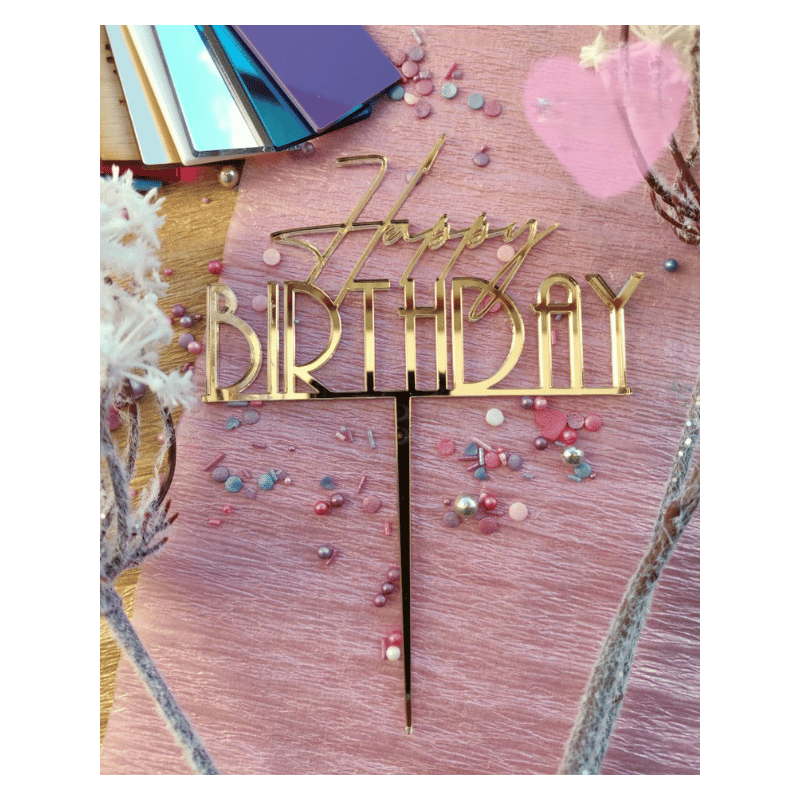 Topper Miniowelove złoty Happy BIRTHDAY 12 cm wersja smukła