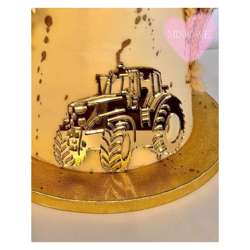 Dekor Miniowelove Topper na bok tortu złoty Traktor 13 cm 