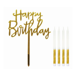 Topper Happy Birthday złoty i 4 świeczki Zestaw na tort urodzinowy