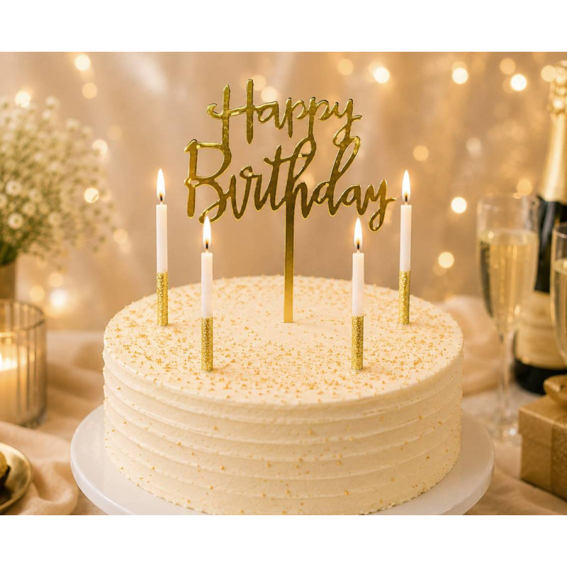 Topper Happy Birthday złoty i 4 świeczki Zestaw na tort urodzinowy