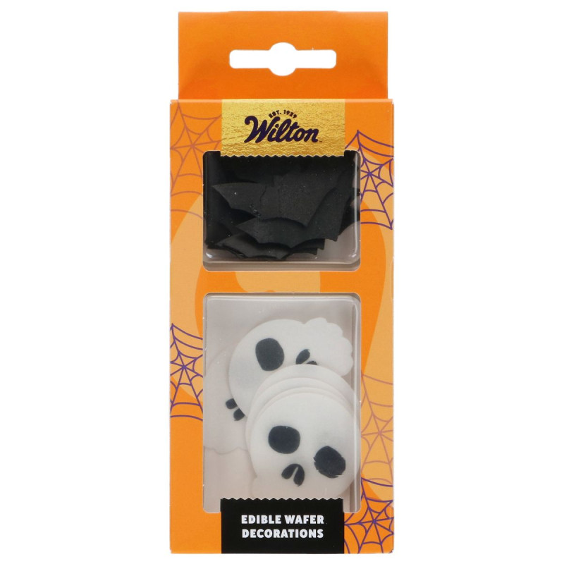 Dekoracje z opłatka waflowe Czaszki Nietoperze 18 sztuk Wilton Halloween