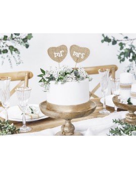 Topper na tort jutowe serca Mr and Mrs