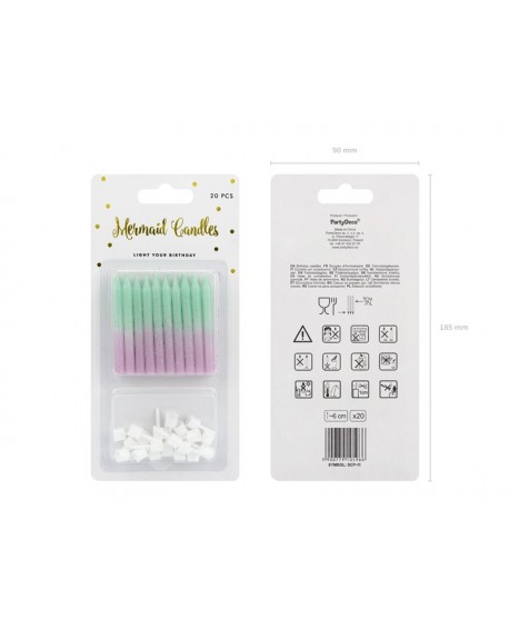 Świeczki urodzinowe ombre PartyDeco Mermaid, 20 szt.