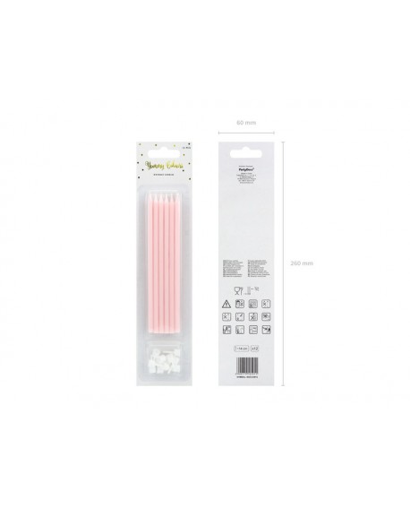 Świeczki urodzinowe długie PartyDeco, jasny róż, 12 szt.