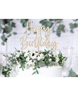 Topper drewniany na tort Happy Birthday, naturalny