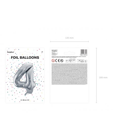 Balon foliowy XXL 86 cm SREBRNY Cyfra 4