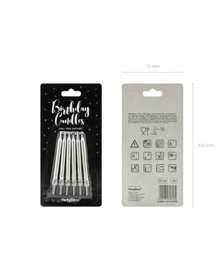 Birthday candles 6 cm SILVER SMOOTH 6 pcs